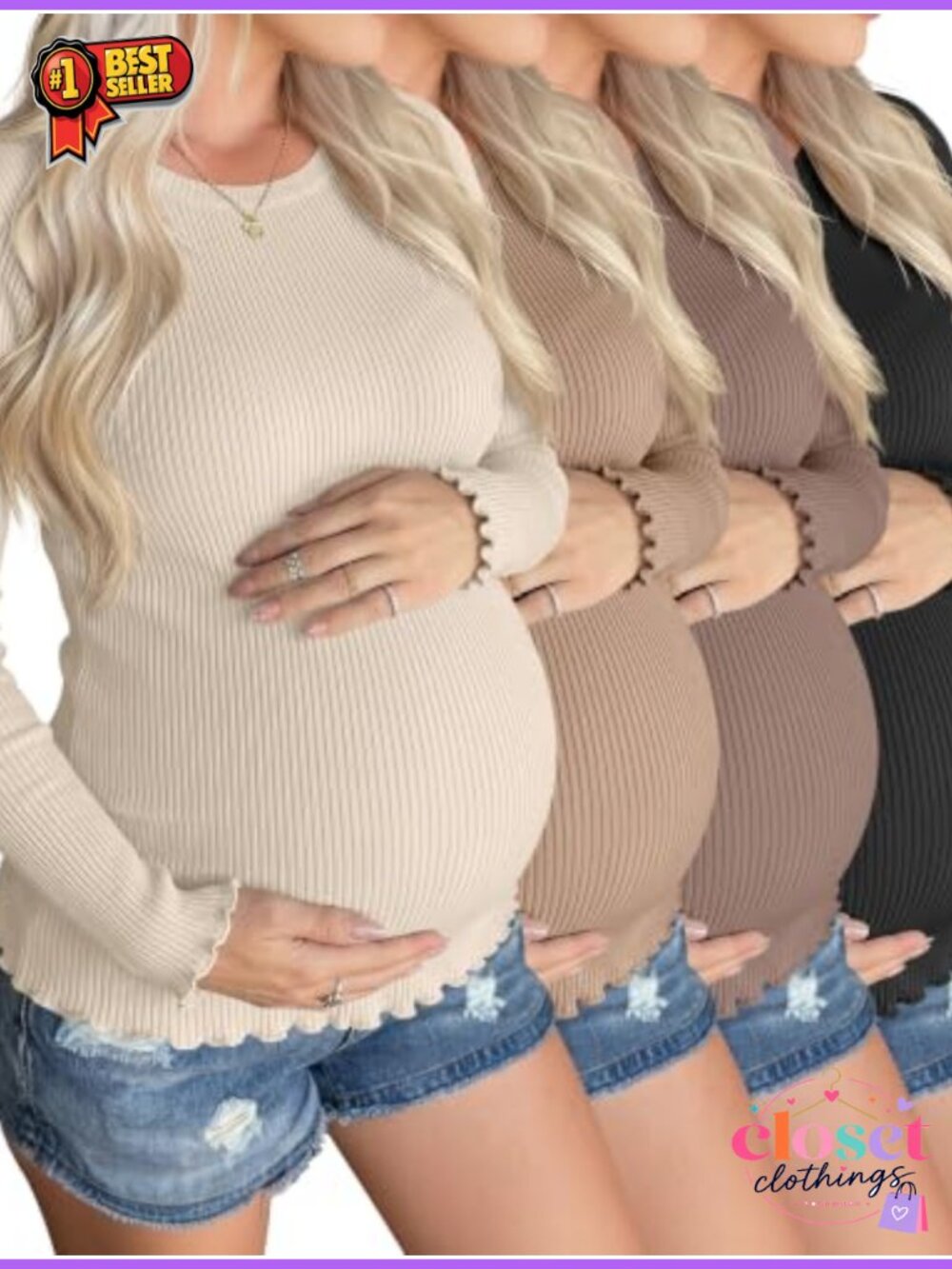 Maternity Ribbed Long Sleeve Tops Slim Fit Crew Neck 4 Pack